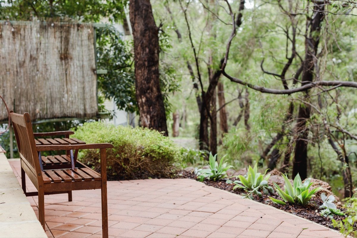 Timber bench on the chalet's brick terrace looking into native forest