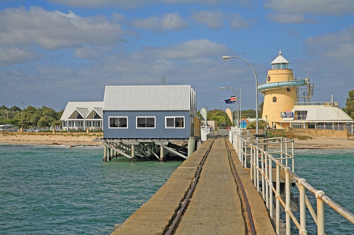 Busselton Jetty's Interpretive Centre above clear green water
