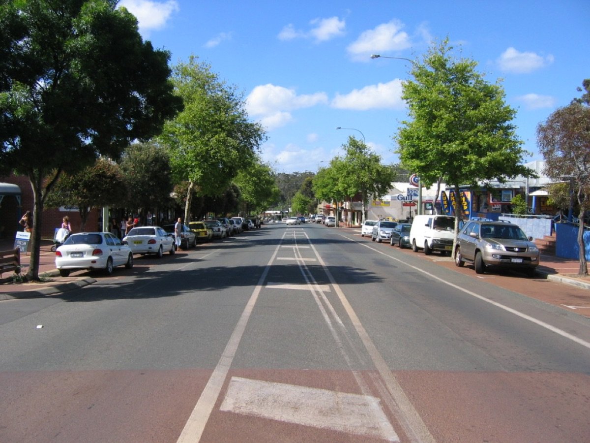 The tree-lined main street of Margaret River town