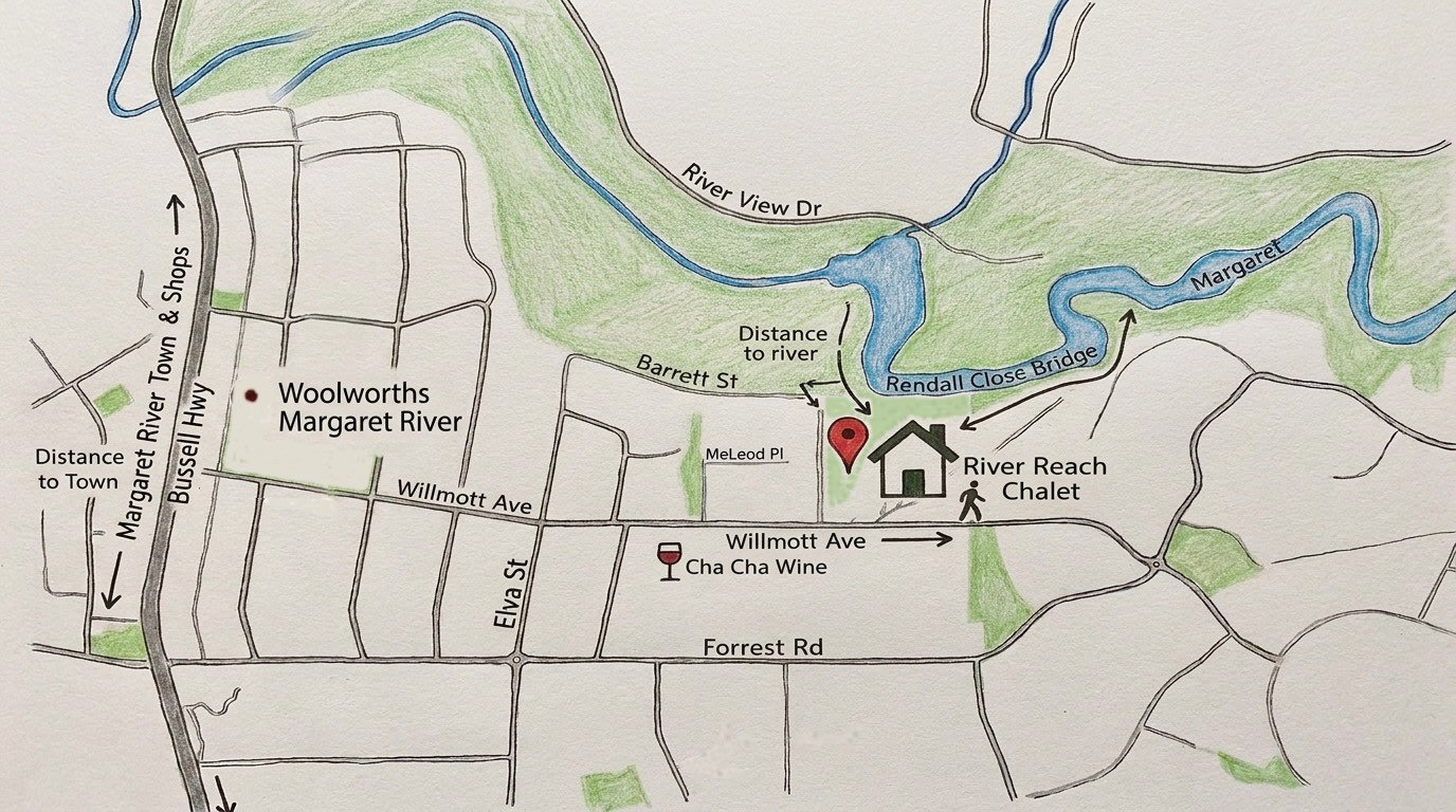 Hand drawn map showing River Reach Chalet on Willmott Avenue, Margaret River, with the Margaret River and Rendall Close Bridge to the north, Woolworths and Bussell Highway to the west, Cha Cha Wine along Willmott Avenue and Forrest Road to the south